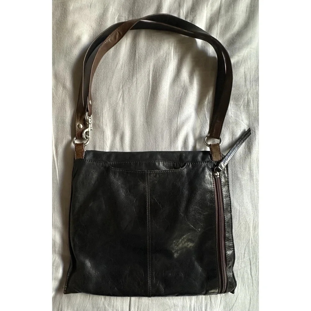 HOBO Slouchy Leather Fold Over Crossbody Purse Bag Black‎ & Brown